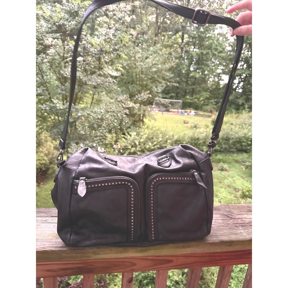 Black Studded Vegan Leather Satchel Crossbody Bag Gunmetal Hardware Edgy Rock